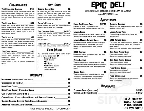 Epic deli - APPETIZER - Food Epic Deli - Schaid Crt. BAG OF CHIPS. $4. You Pick One. Have you tried this item? Add your review below to help others know what to expect. Reviews Order Online. Remind Me To Try This. Share this item. Sign In. Sign Up. Opens in a new window ...